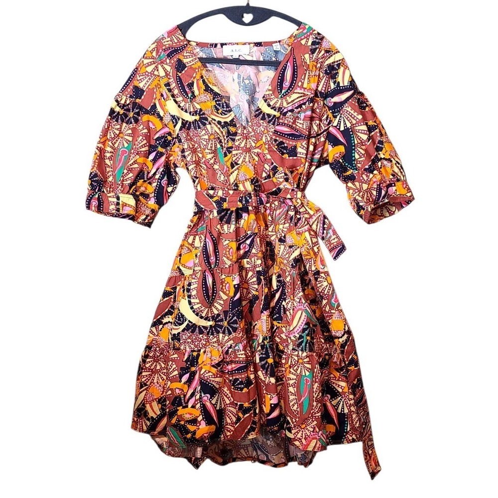 A.L.C. Carey Dress Russet Multi Paisley Mini Puff Sleeve Cotton Belted Womens 12